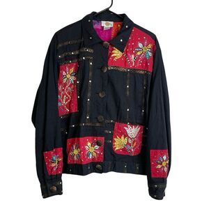 Sandy Starkman Jacket Sz XL Womens Black Embroidered Floral Mirror Embellished